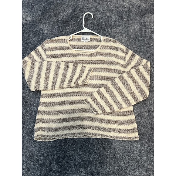 Reba Rose Sweaters - Reba Rose Women Medium Brown Cream Striped Cotton Knit Sweater Made in USA